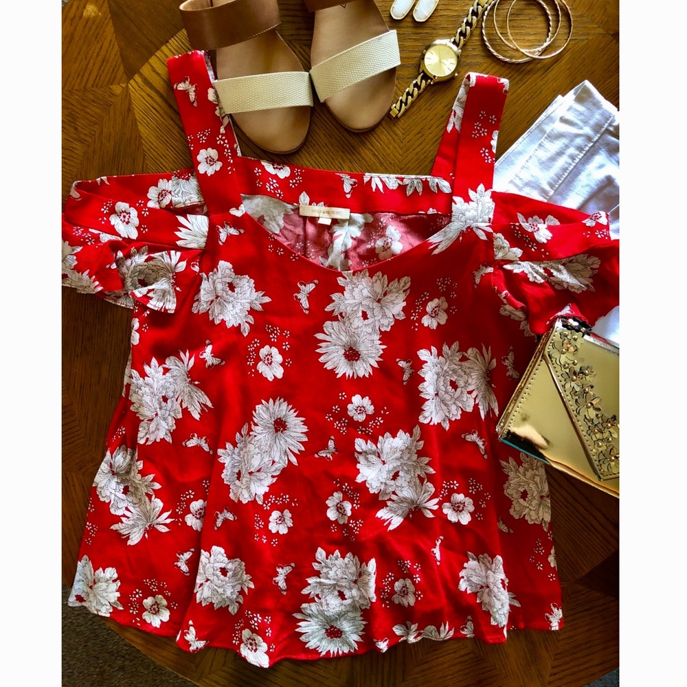 Worn once!!! Red Floral Cold Shoulder  Blouse